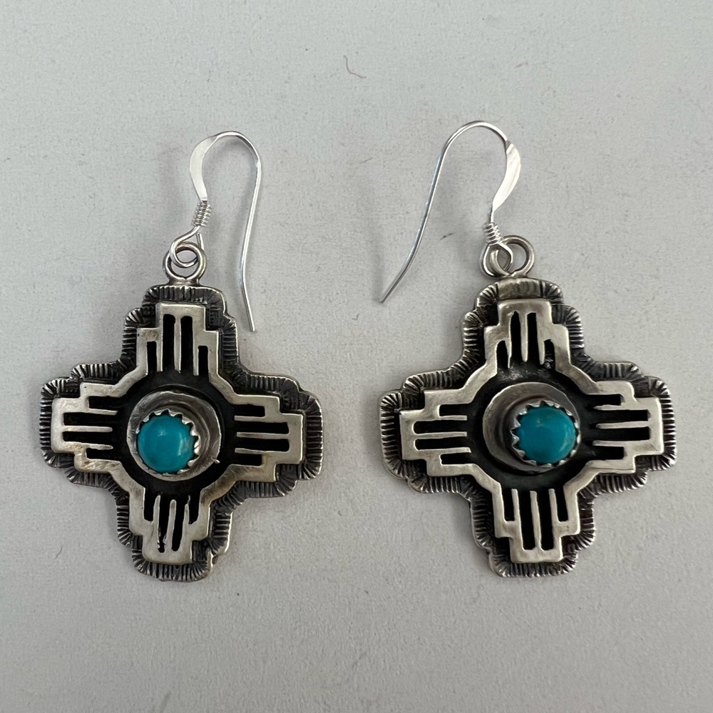 Native American Sterling Silver & Turquoise Zia Earring's By Kenny Lonjose.